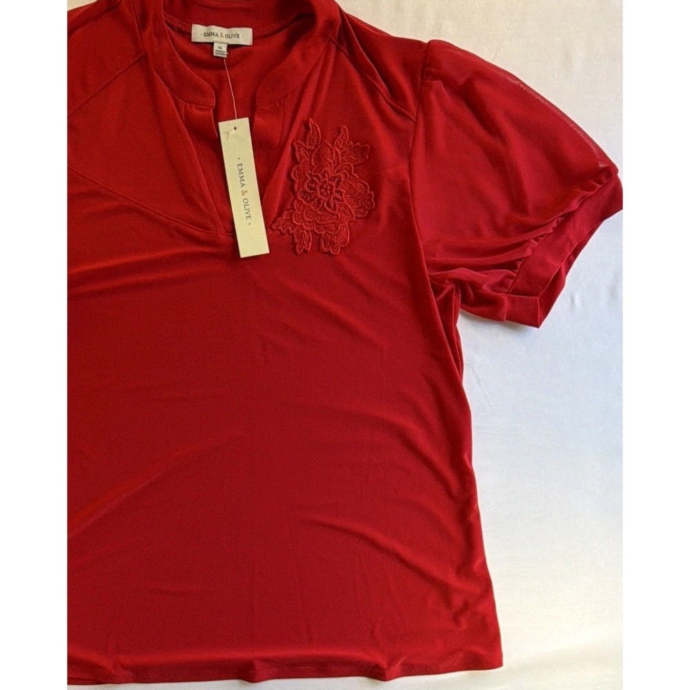 Emma & Olive Women's Red Solid Chiffon V-Neck Flutter Sleeve Blouse Size XL